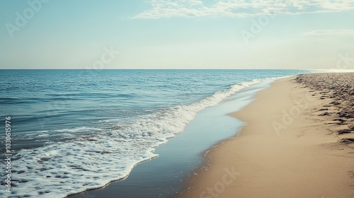 A serene view of a sandy beach with gentle waves lapping at the shore under a clear sky during early morning light