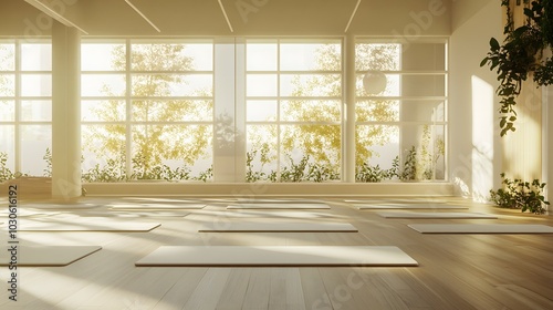101. A bright and airy yoga studio with empty mats laid out