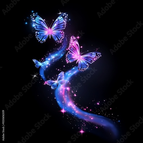 Enchanted blue butterflies glowing softly with stardust on deep background image