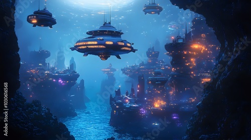 A surreal underwater city with retro-inspired submarines floating above coral formations and bioluminescent sea creatures photo