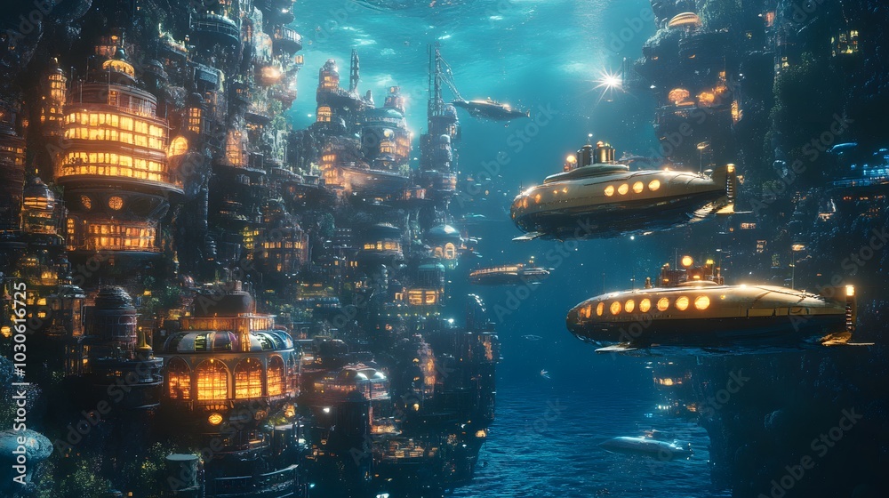 A surreal underwater city with retro-inspired submarines floating above coral formations and bioluminescent sea creatures A surreal underwater city with retro-inspired submarines floating above coral formations and bioluminescent sea creatures