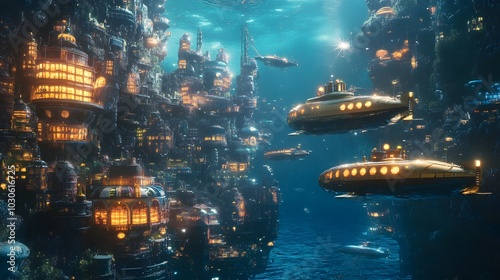 A surreal underwater city with retro-inspired submarines floating above coral formations and bioluminescent sea creatures photo