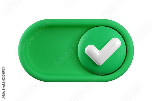 Vector cartoon 3d turn on switch button. Cute realistic 3d green toggle switch slider with shiny yes checkmark icon. Setting toggle design element for mobile app interface, web.