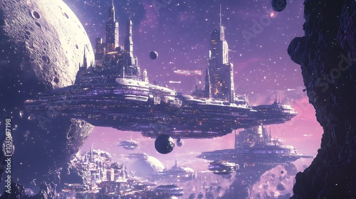 Fototapeta Naklejka Na Ścianę i Meble -  A futuristic city built into massive asteroids, with retro-futuristic spaceships docking at floating stations in the void of space