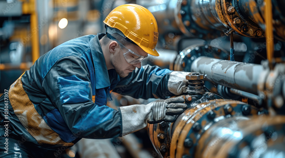 Technician in Full Safety Gear Repairing Gas Pipeline, A skilled technician wearing protective clothing and gloves working on a gas pipeline, tightening bolts or adjusting valves in safe environment. Technician in Full Safety Gear Repairing Gas Pipeline, A skilled technician wearing protective clothing and gloves working on a gas pipeline, tightening bolts or adjusting valves in safe environment.