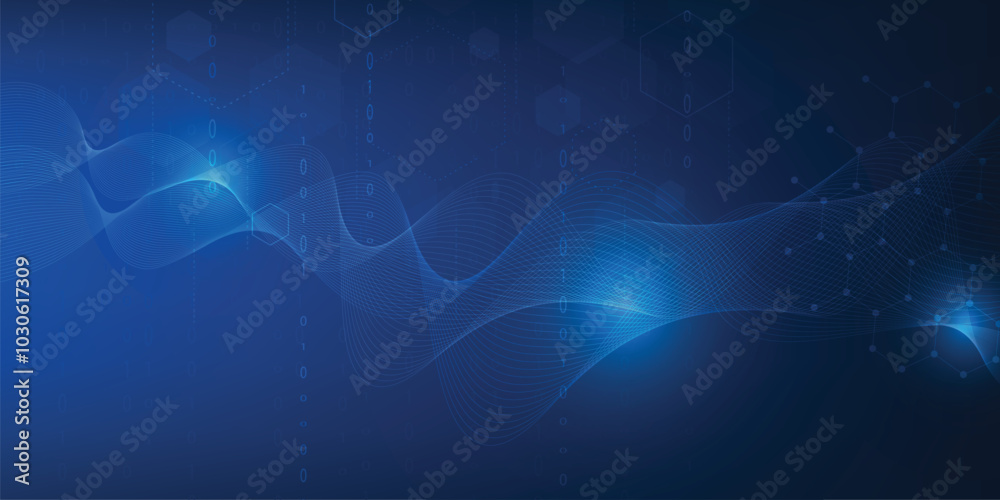 blue abstract background with flowing digital wave pattern and light effects.