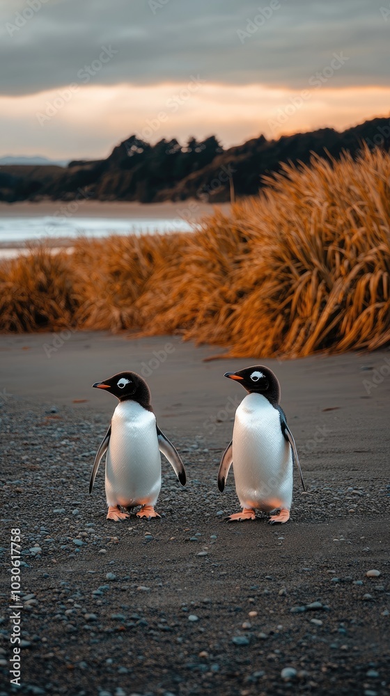 Fototapeta premium Two young penguins positioned on an island's edge in New Zealand, displaying their soft blue and gray feathers against a stunning twilight backdrop