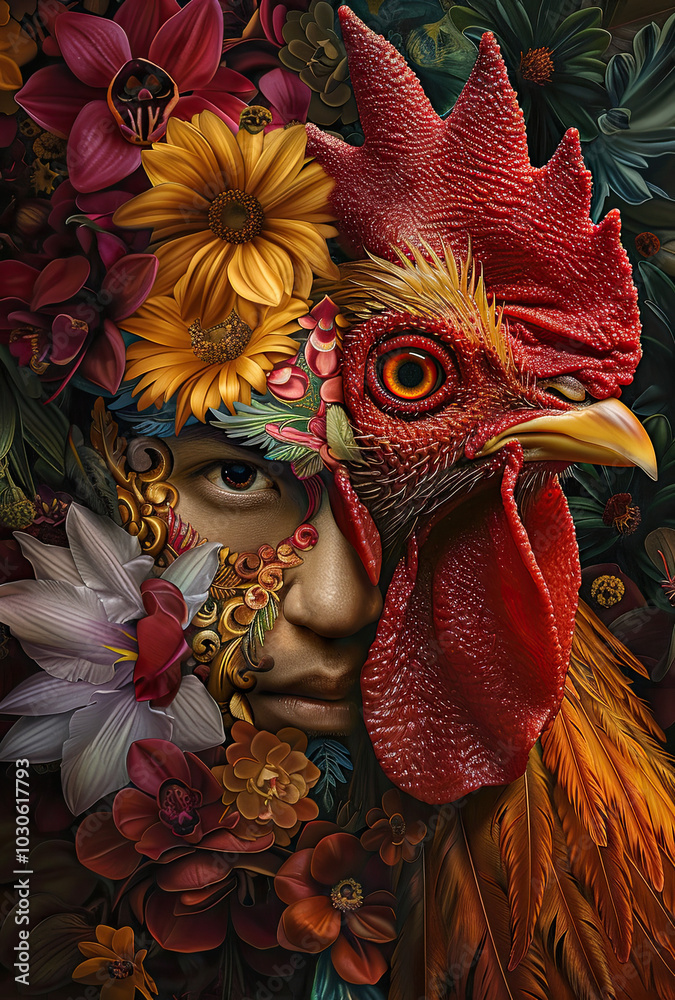 Fototapeta premium Beautiful Wallpaper with a Rooster Design, Ideal Farm Animal Poster or Graphic Resource for Creative Project, Ai Generative