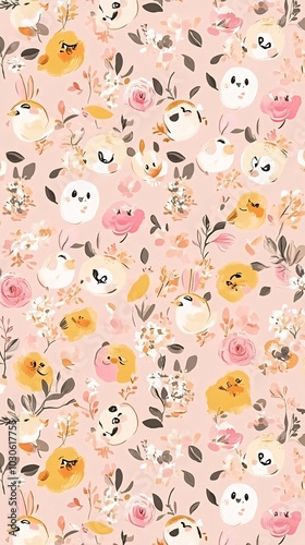 A seamless pattern with cute animal faces and floral elements on a pink background.