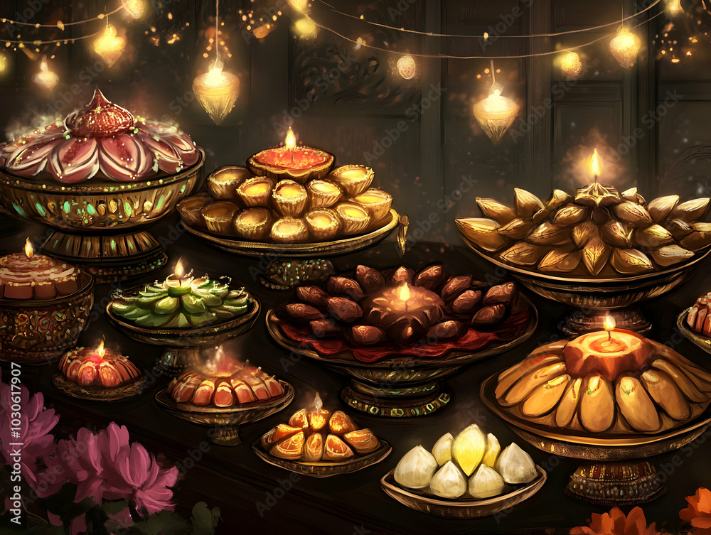A vibrant display of traditional sweets and candles, celebrating a festive occasion. A vibrant display of traditional sweets and candles, celebrating a festive occasion.