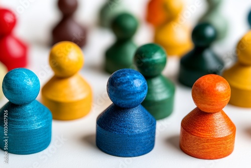 Close up of wooden game pieces painted in various colors standing upright in a diagonal pattern representing strategy competition and tactile engagement in a playful design