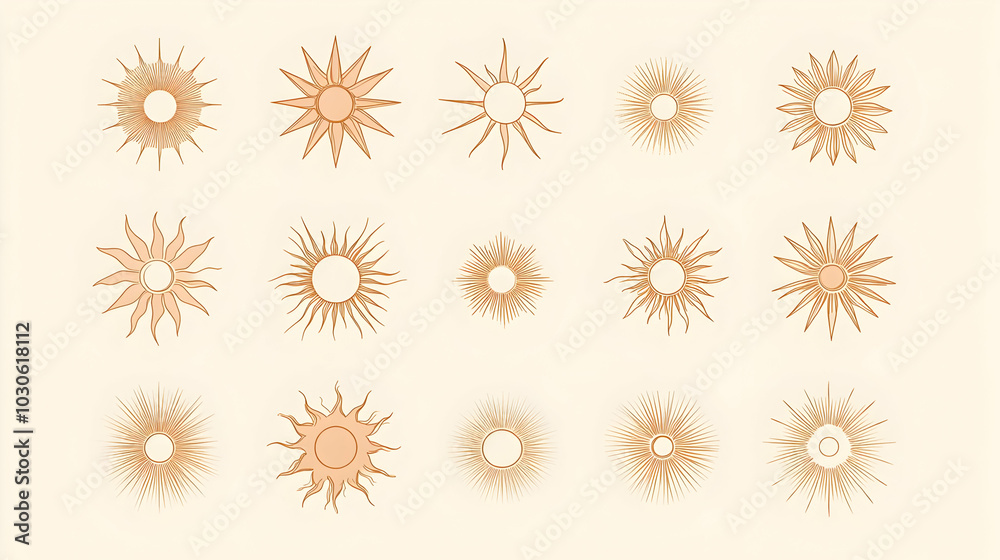 Collection of Hand-Drawn Sun Illustrations with Varying Shapes and Styles on a Soft Beige Background Collection of Hand-Drawn Sun Illustrations with Varying Shapes and Styles on a Soft Beige Background