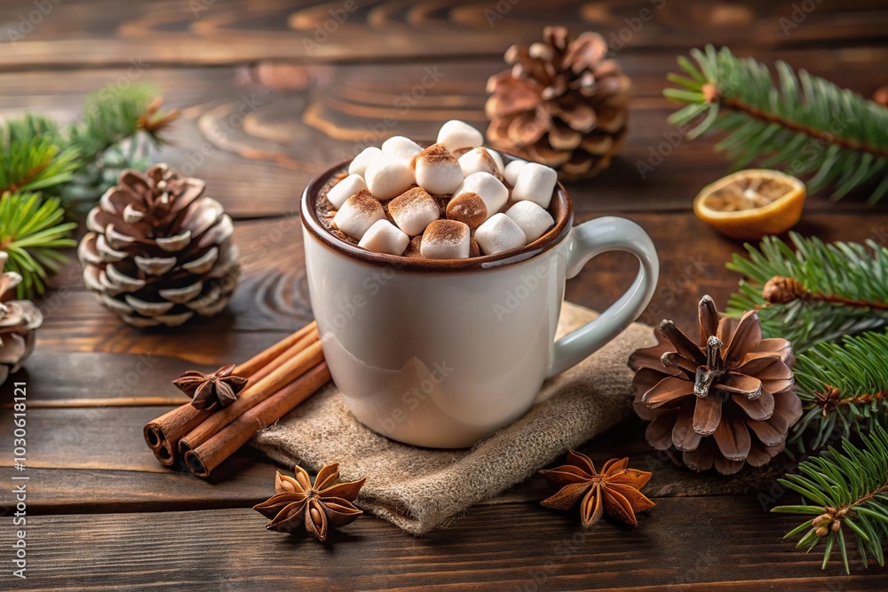 Hot chocolate with marshmallows and pine cones on a white background