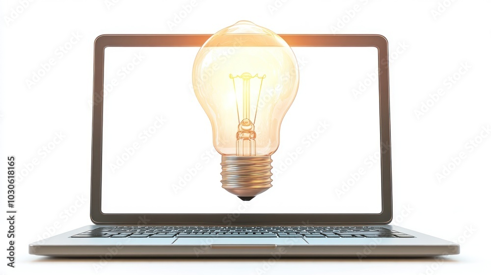 An incandescent lamp and a laptop on a white background represent ideas and creative works that can be created using technology to help human work An incandescent lamp and a laptop on a white background represent ideas and creative works that can be created using technology to help human work