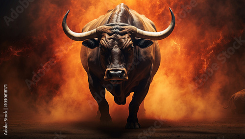 Powerful Bull Emerges Through a Smoky Field
