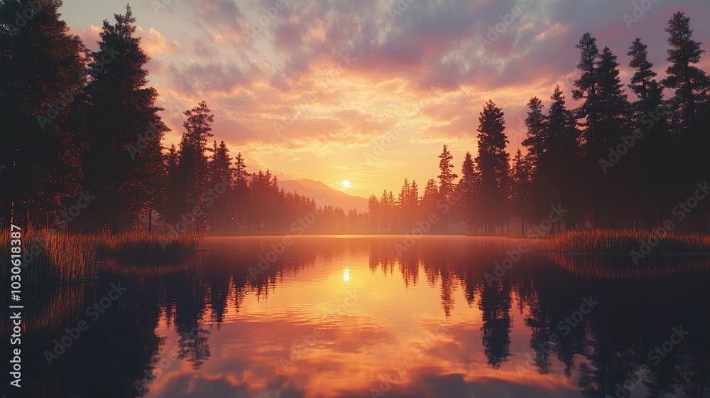 Sunset reflections over a serene lake surrounded by towering trees in a tranquil setting Sunset reflections over a serene lake surrounded by towering trees in a tranquil setting