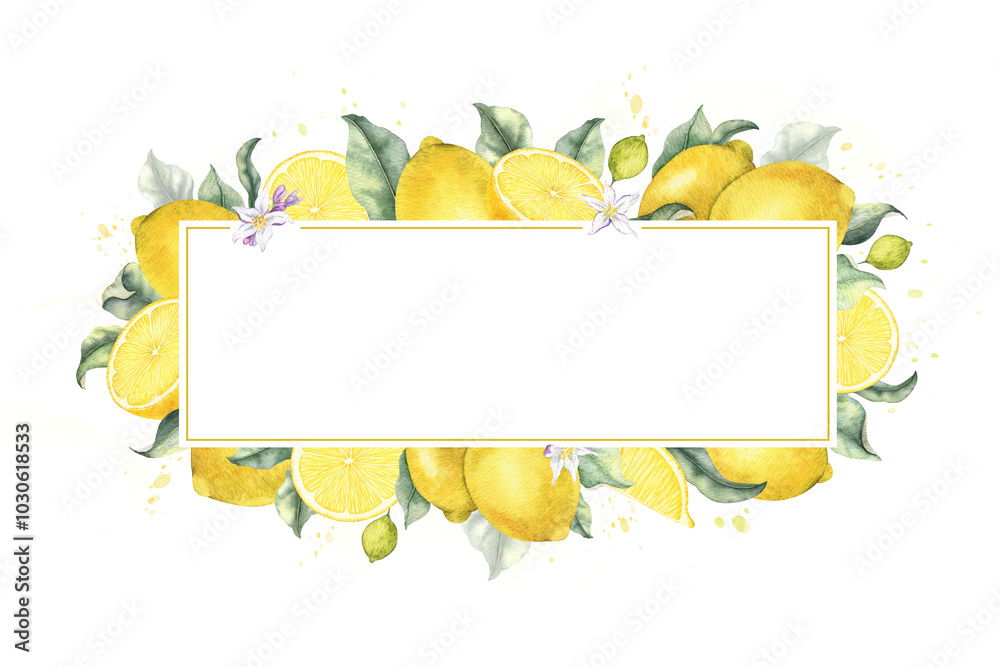 Lemon fruits, flowers and leaves. Isolated hand drawn watercolor frame. Wreath of Tropical citrus fruit. Template for menu, package, cosmetic, textile, cards Lemon fruits, flowers and leaves. Isolated hand drawn watercolor frame. Wreath of Tropical citrus fruit. Template for menu, package, cosmetic, textile, cards