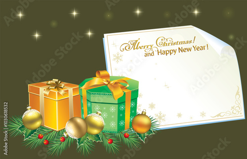 Christmas background with gift boxes and balls on fir branches with rowan berries and sheet of paper for your text. Vector illustration