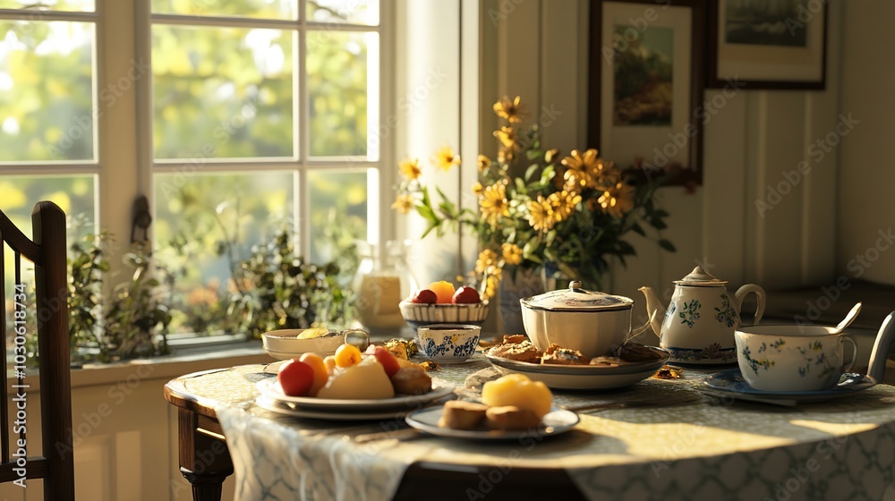 Cozy kitchen filled with fresh fruits and baked goods during a sunny autumn afternoon Cozy kitchen filled with fresh fruits and baked goods during a sunny autumn afternoon