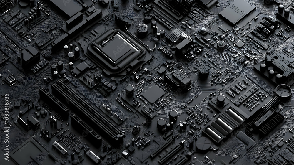 Fototapeta premium Abstract 3D Render of a Black Motherboard with Detailed Components