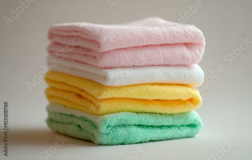 Neatly stacked colorful towels on a table in a bright, sunlit room during daytime
