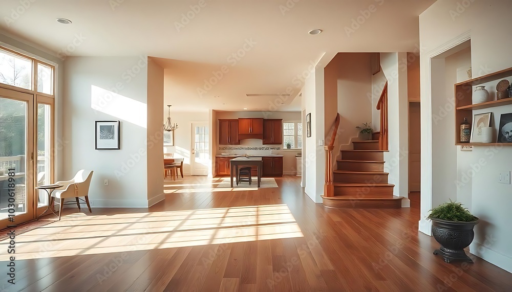 Modern interior design of a spacious luxury house with hard wood floors, open concept, home interior, created with generative ai Modern interior design of a spacious luxury house with hard wood floors, open concept, home interior, created with generative ai