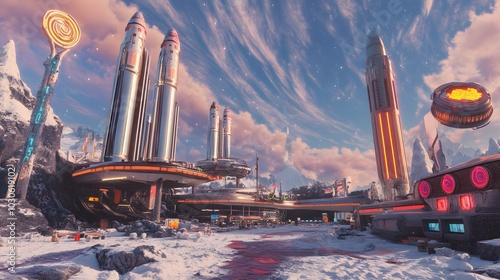 A retro-futuristic spaceport with chrome rocket ships and neon signs, set on the surface of a strange alien planet with swirling skies