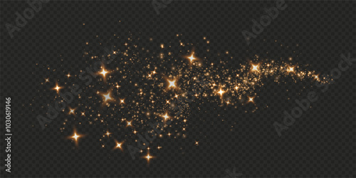 Christmas background. Powder dust light PNG. Magic shining gold dust. Fine, shiny dust bokeh particles fall off slightly. Fantastic shimmer effect. Vector illustrator.	