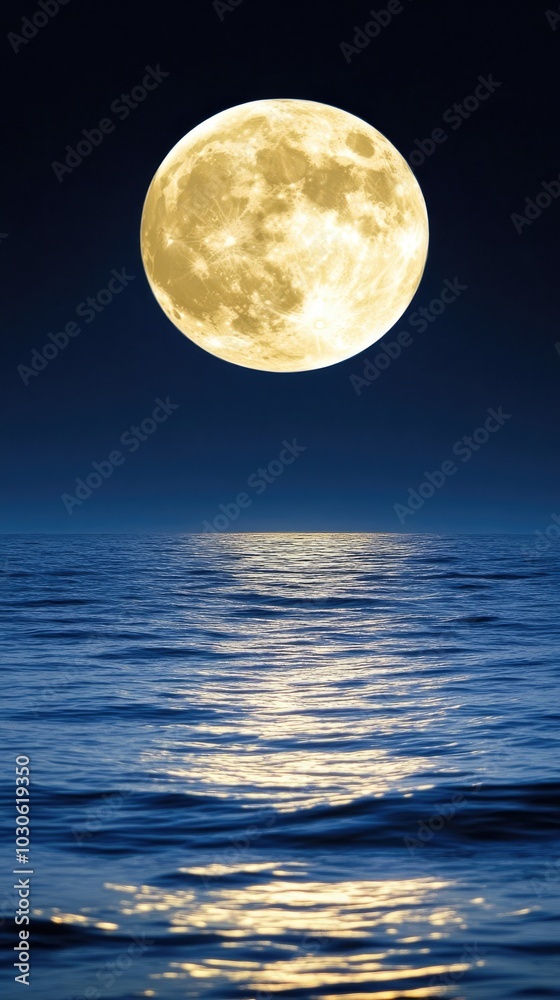 The bright full moon casts a golden glow over the tranquil ocean, creating enchanting reflections on the dark water, surrounded by wispy clouds in the night sky