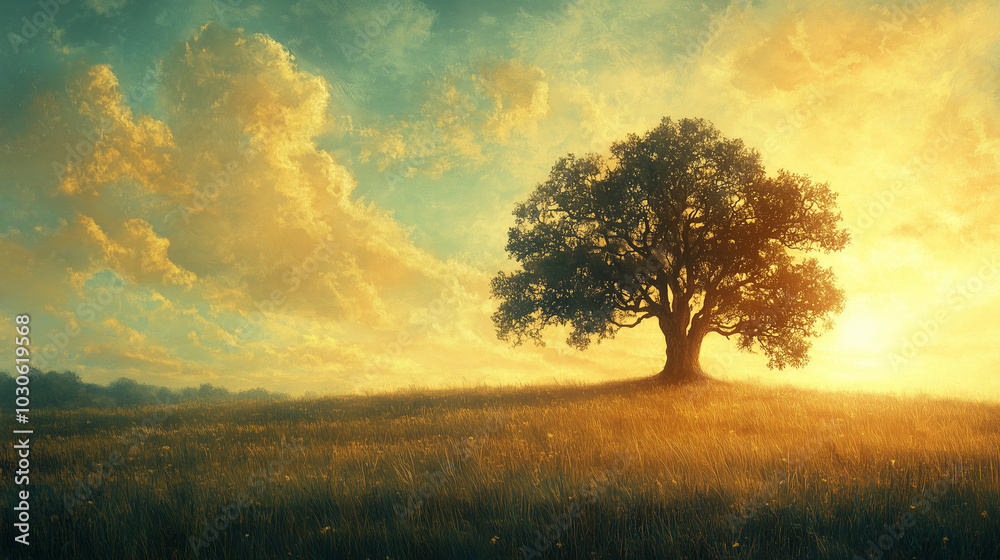 Obraz premium Large tree glowing under golden sunset in open field