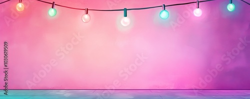 Colorful string lights hang against a vibrant pink wall, creating a cheerful ambiance.