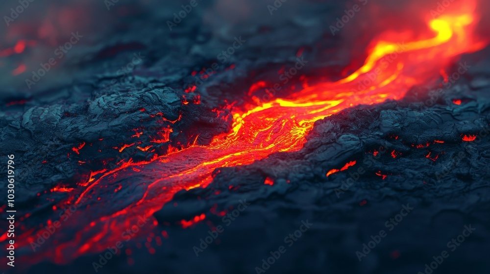 Lava flow, glowing orange on black volcanic rock, natural phenomenon highlighted