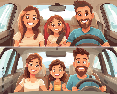 Family car journey cartoon vector scenes. Happy mother father seat belts daughter auto front glass view steering wheel riding inside vehicle trip interior group character travelers illustration