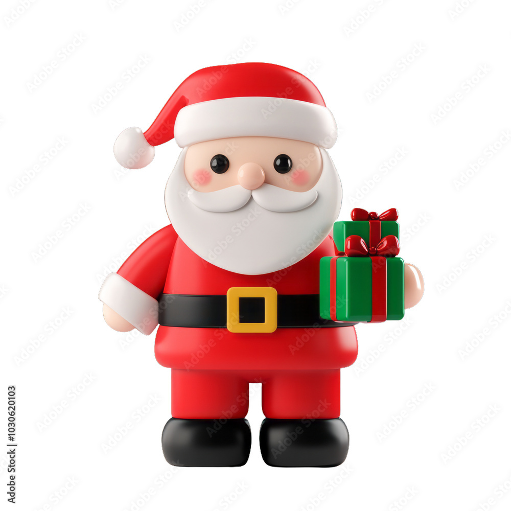 Playful 3D Santa Claus holding a tiny wrapped present with twinkling eyes isolated on a transparent background Playful 3D Santa Claus holding a tiny wrapped present with twinkling eyes isolated on a transparent background