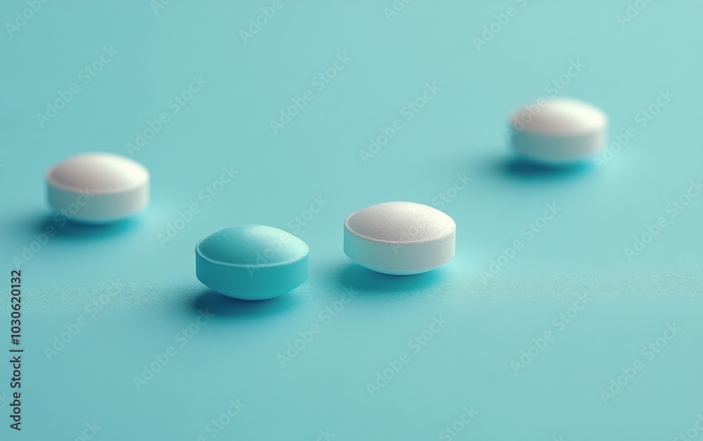 Colorful capsules and tablets scattered on a light blue surface in a clinical setting Colorful capsules and tablets scattered on a light blue surface in a clinical setting