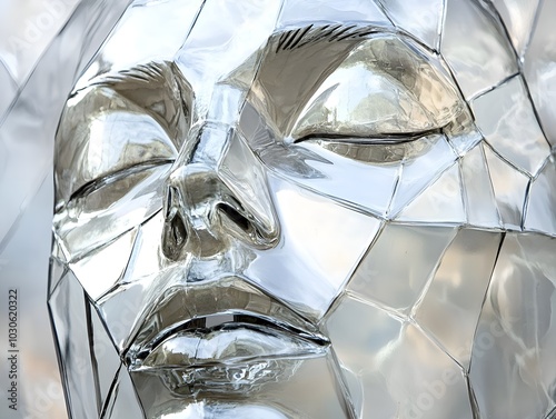 close up of a a face, consisting of clear geometric lines from metall photo