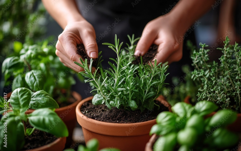 Growing fresh herbs in pots during a sunny afternoon at a home garden