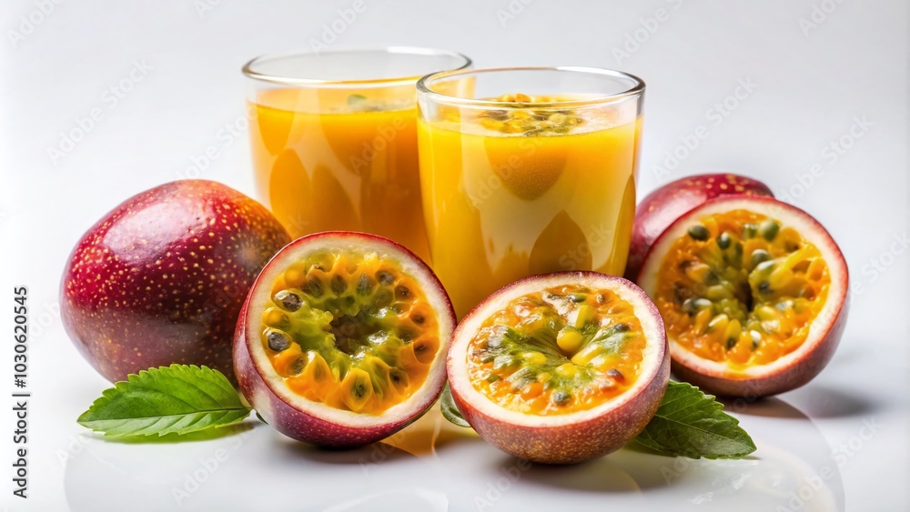 Fresh Passion Fruits and Juices Isolated on White Background for Food Photography Fresh Passion Fruits and Juices Isolated on White Background for Food Photography