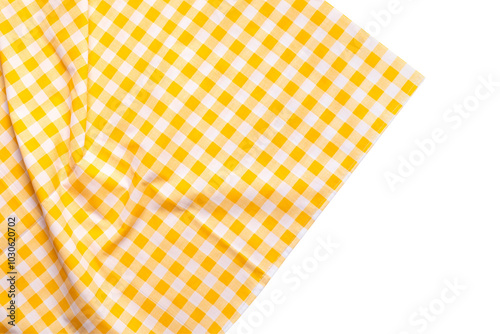 Above of placemat fabric cloth or arrangement of gingham-patterned fabrics in pastel green tones, isolate on a white background.For food decoration menu design