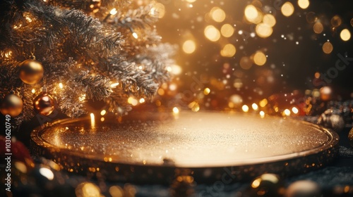 Circular podium surrounded by holiday lights and a tree covered in gold and silver ornaments.