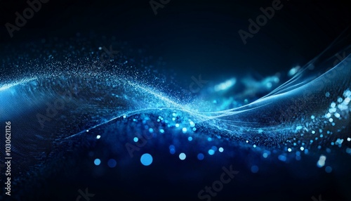 Sparkling blue particles flowing on a dark background, representing a technology or science concept. Generative AI