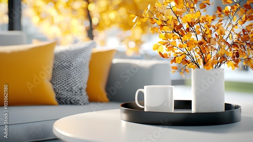 Fototapeta Naklejka Na Ścianę i Meble -  A cozy and inviting living room with a warm fall color palette featuring throw blankets autumn themed pillows and soft lighting that creates a comfortable and seasonal atmosphere