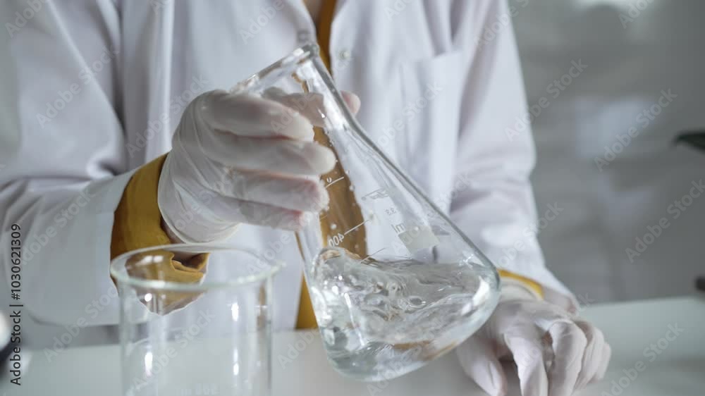 Unknown scientist wearing white protective gloves is carefully shaking up a clear chemical solution inside an Erlenmeyer flask in a laboratory, close up. Science and medicine