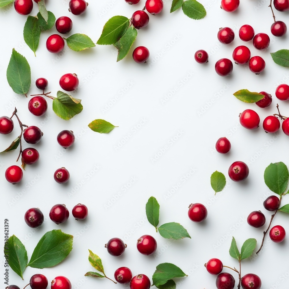 Fresh red cherries and green leaves arranged on a light background for a vibrant rustic display