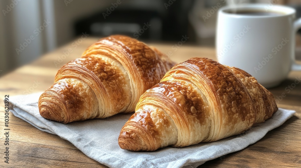 Freshly baked croissants served with coffee on a rustic wooden table in a cozy kitchen Freshly baked croissants served with coffee on a rustic wooden table in a cozy kitchen