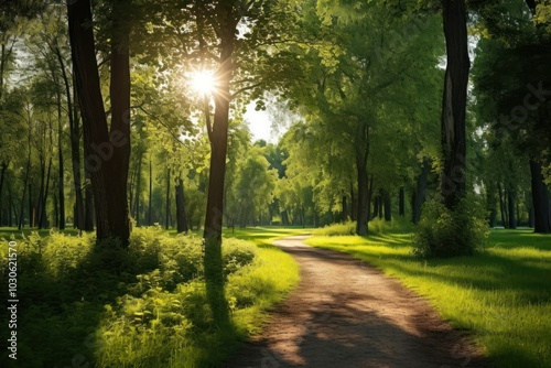 Park walking path grass green tree.