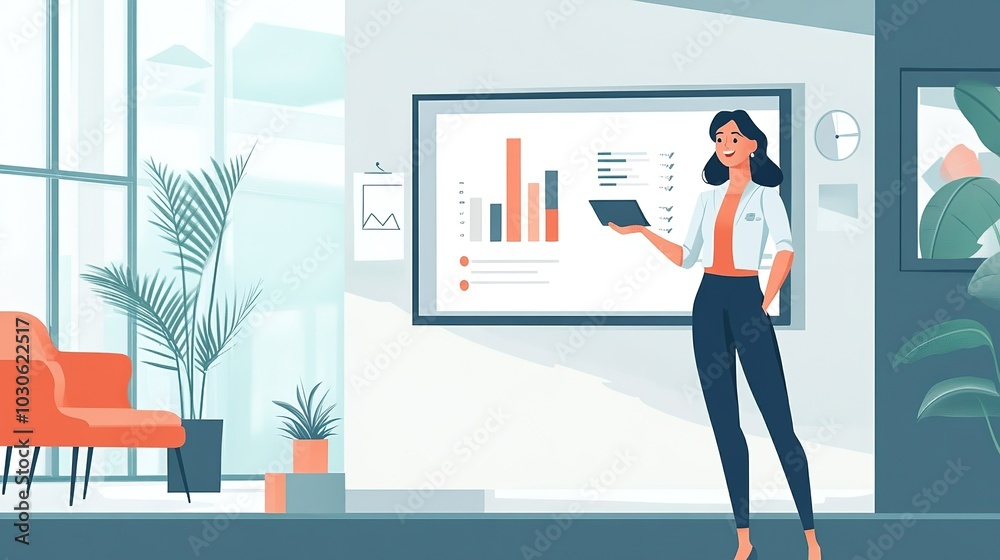 Obraz premium Young professional woman using a tablet while standing in a modern office filled with plants during the day
