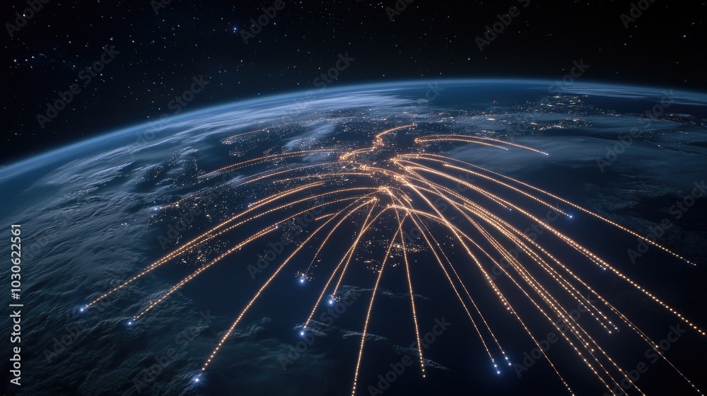 The beauty of Earth's nightscape unfolds from space, revealing city lights and roads sparkling in blue tones, illustrating human presence from a celestial perspective The beauty of Earth's nightscape unfolds from space, revealing city lights and roads sparkling in blue tones, illustrating human presence from a celestial perspective
