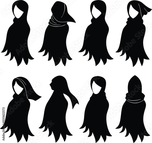 Silhouette Vector Art of Women Wearing Hijabs: Islamic Fashion Illustration, Muslim Headscarf Styles, Religious Clothing Graphics