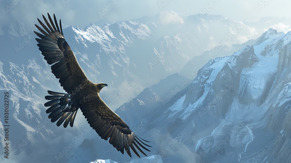 Fototapeta premium A majestic eagle soaring gracefully above snow-capped mountain.